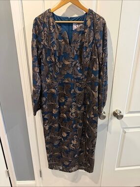 JS Collections Blue and Gold Brocade Midi Dress
